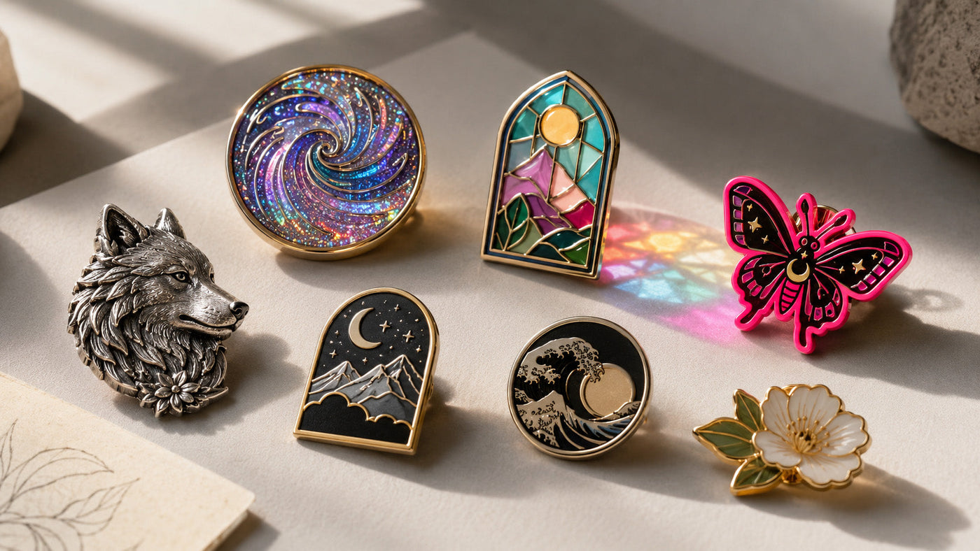 Curated collection of modern custom enamel pins showcasing 2026 design trends on a creative desk.