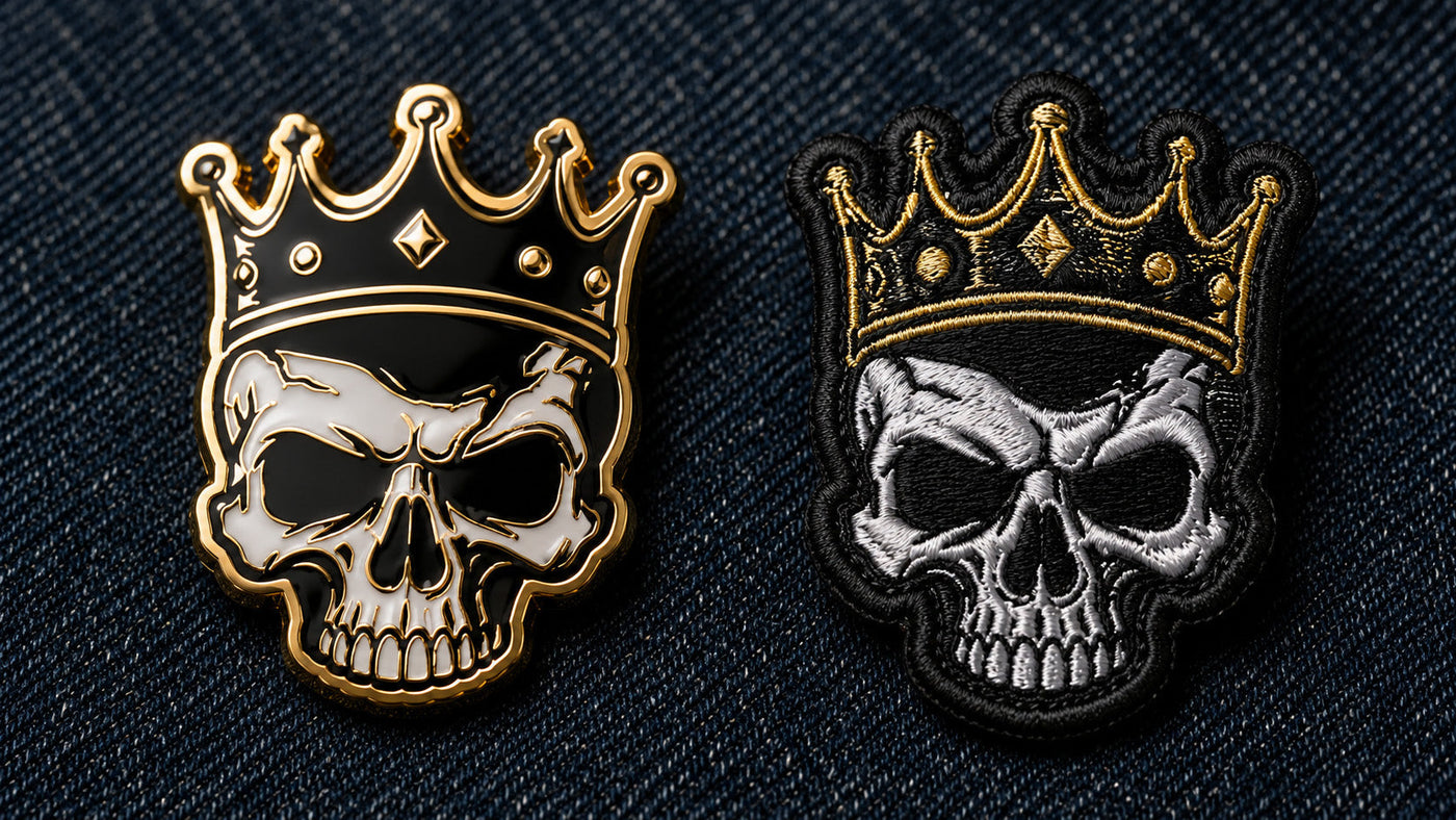 Direct comparison of a shiny custom enamel pin and a threaded embroidered patch on denim fabric.
