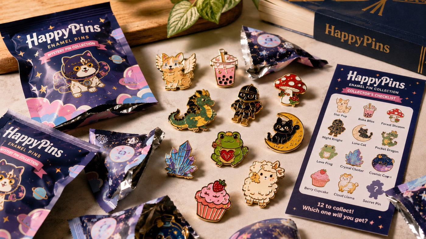 Sealed custom enamel pin blind boxes and mystery foil bags waiting to be opened.