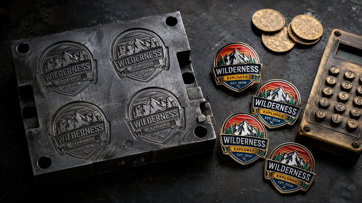 Custom enamel pin steel mold next to finished pins and coins, representing manufacturing costs.