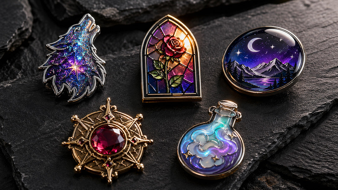 Collection of premium custom enamel pins featuring special effects like glitter, stained glass, and gemstones.