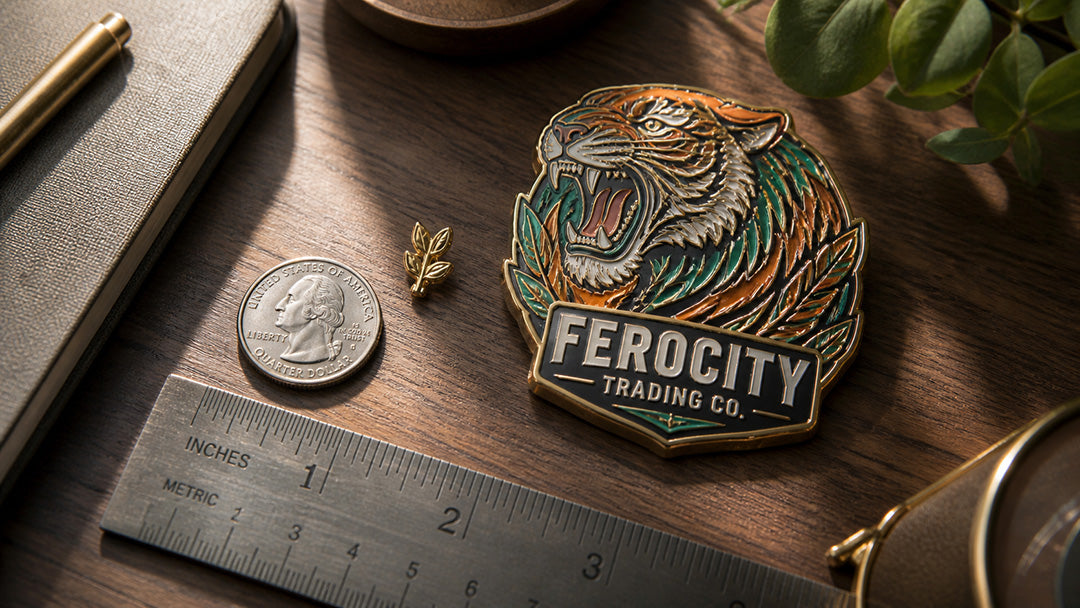 Custom enamel pin size comparison showing a tiny lapel pin and a massive trading pin with a measuring ruler and coin
