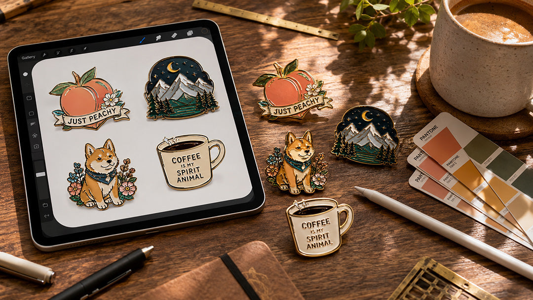 Artist desk showing the process from digital sketch on a tablet to finished physical custom enamel pins.