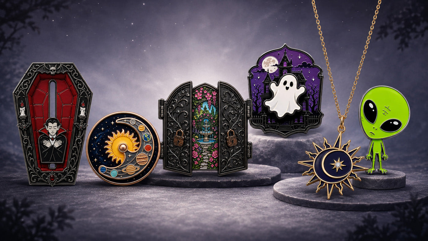 Collection of interactive custom fantasy enamel pins.