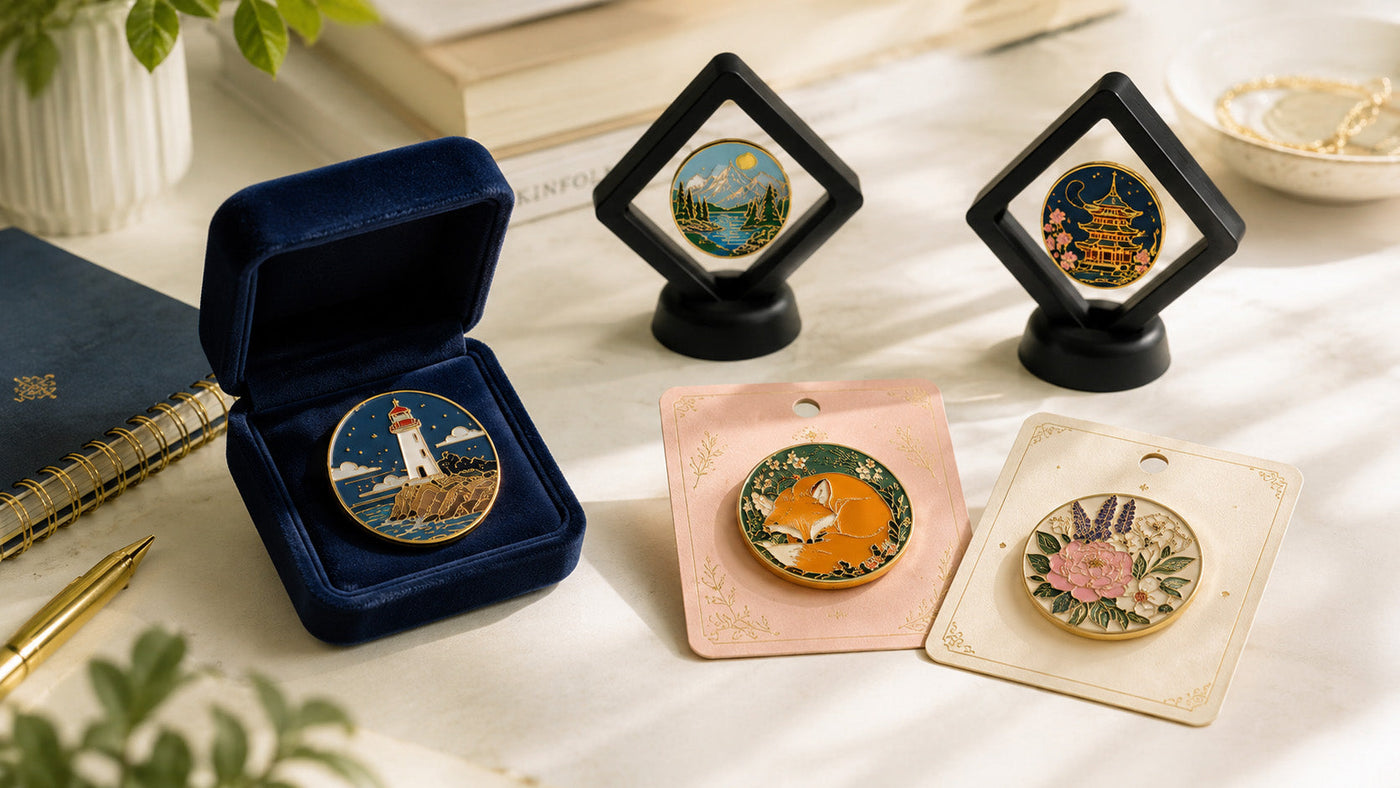 Various premium custom enamel pin packaging including velvet boxes, display cards, and 3D floating frames.